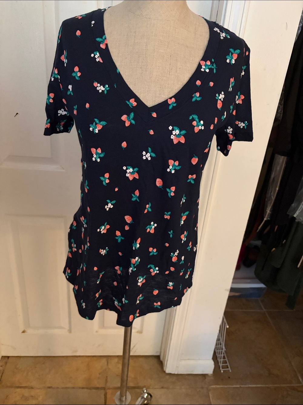 LOFT Navy V-Neck Short Sleeve Top with Strawberry Print